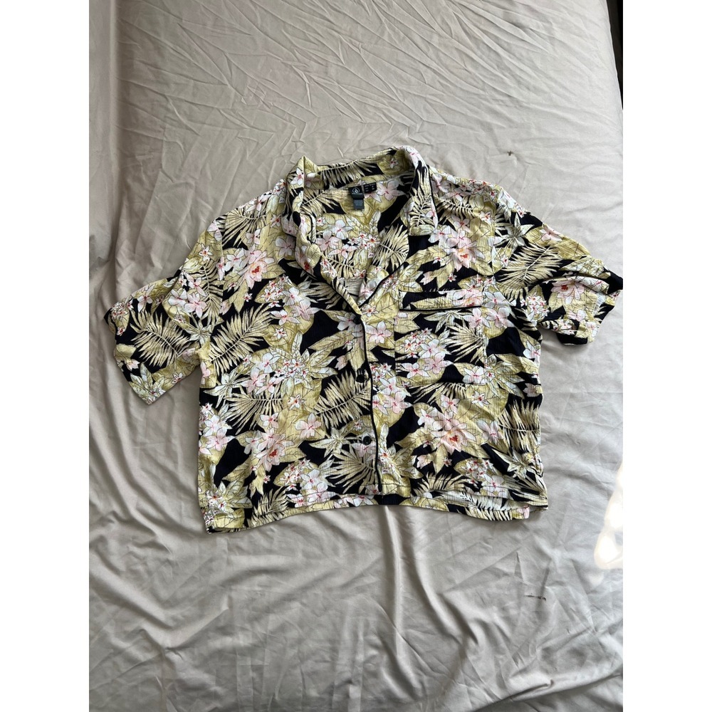 Volcom Women's Small Floral Tropical Cropped Button Up Shirt Hawaiian Resort